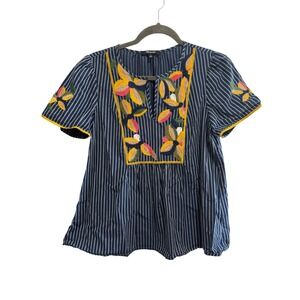 Madewell Embroidered Floral Striped Blouse Womens Small Navy Blue Short Sleeve